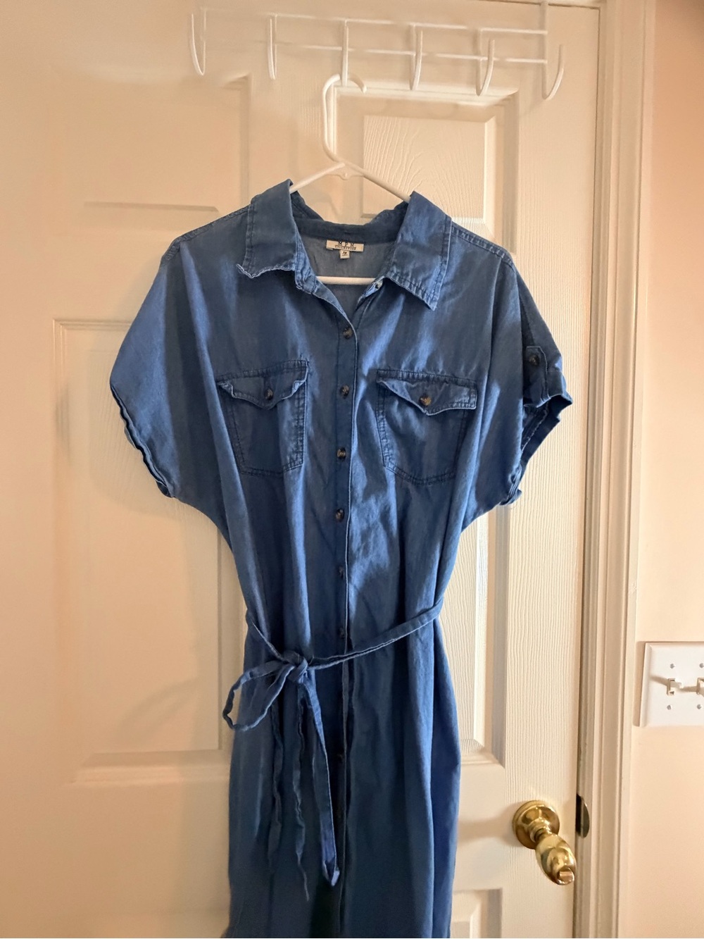Casual Blue Denim Shirt Dress with Tie Waist
